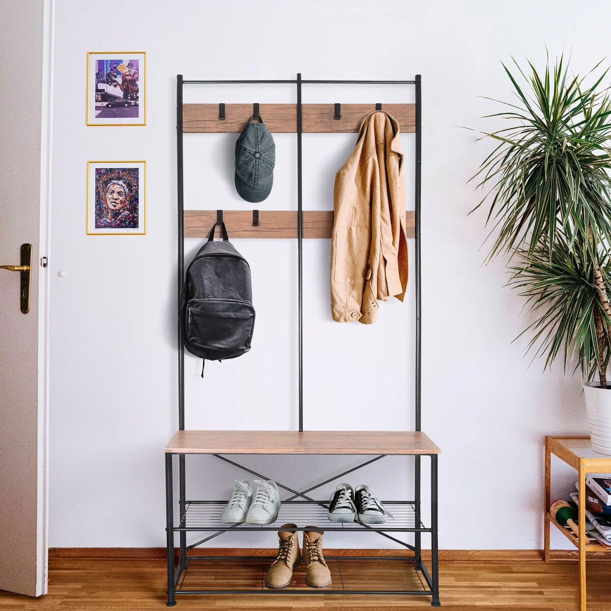 Zenvida Hall Tree Entryway Bench Shoe Storage Coat Rack Shelves Metal Frame