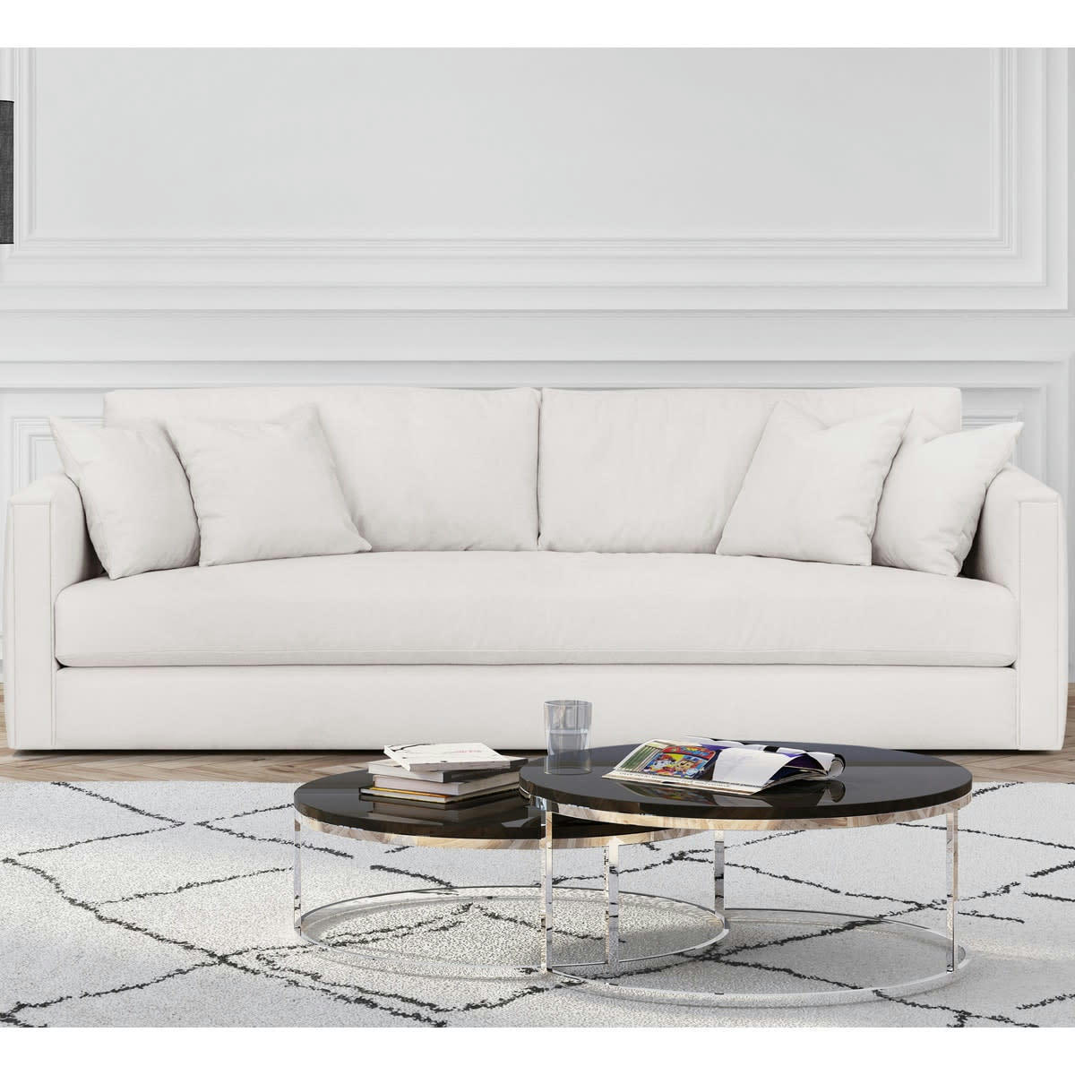 DENVER - Canapé 4 places tissu beige ivoire + 4 coussins