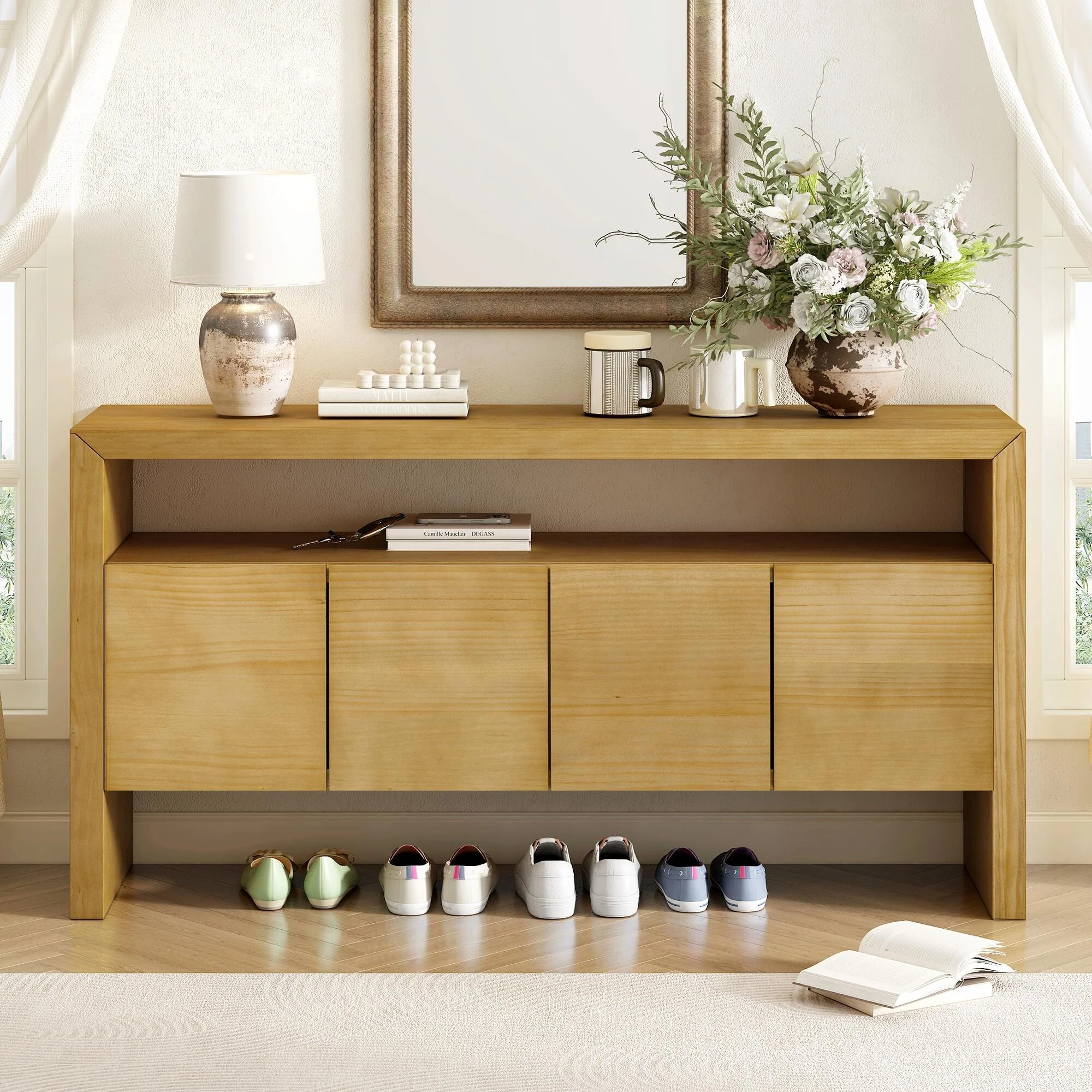60 4-Door Sideboard, Modern Minimalist Solid Wood Veneer Sideboard with Open Shelf