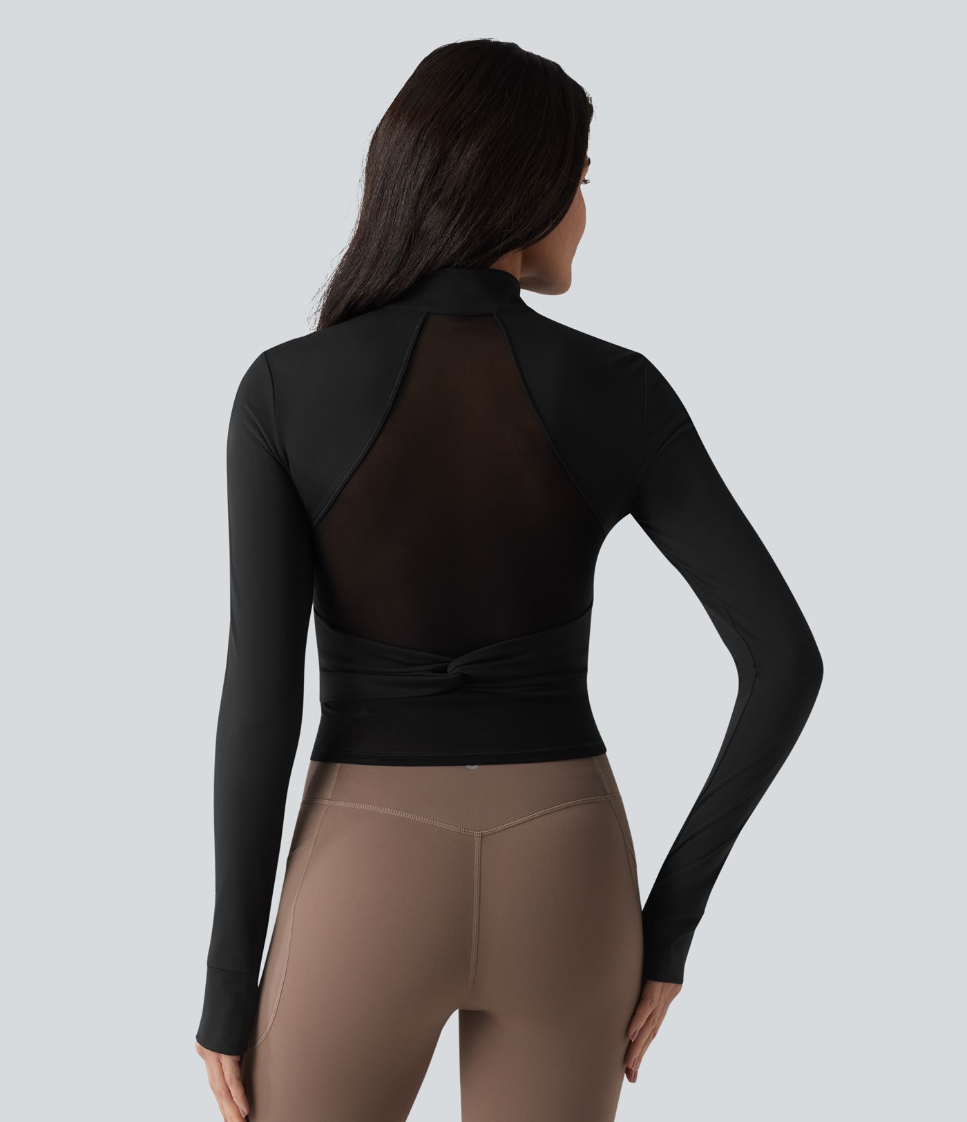 SoftlyZero™ Plush Veste de yoga col montant à manches longues avec trous pour les pouces, dos torsadé, empiècements en mesh respirant et poches