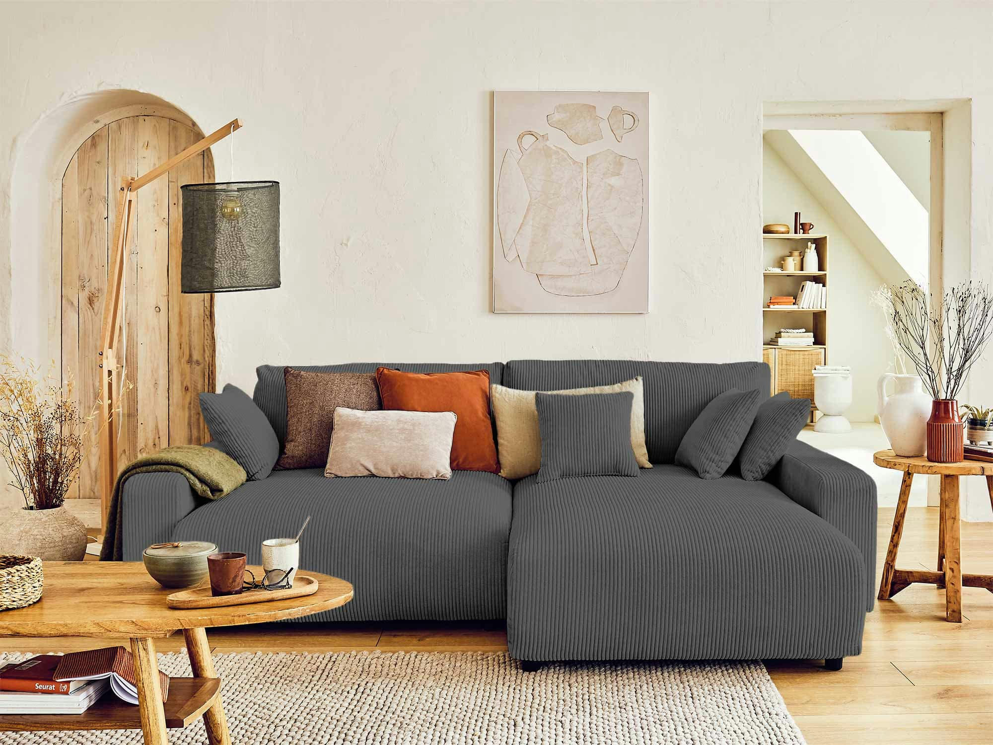 PIVOINE - Canapé d'angle réversible convertible 4 places en velours côtelé gris