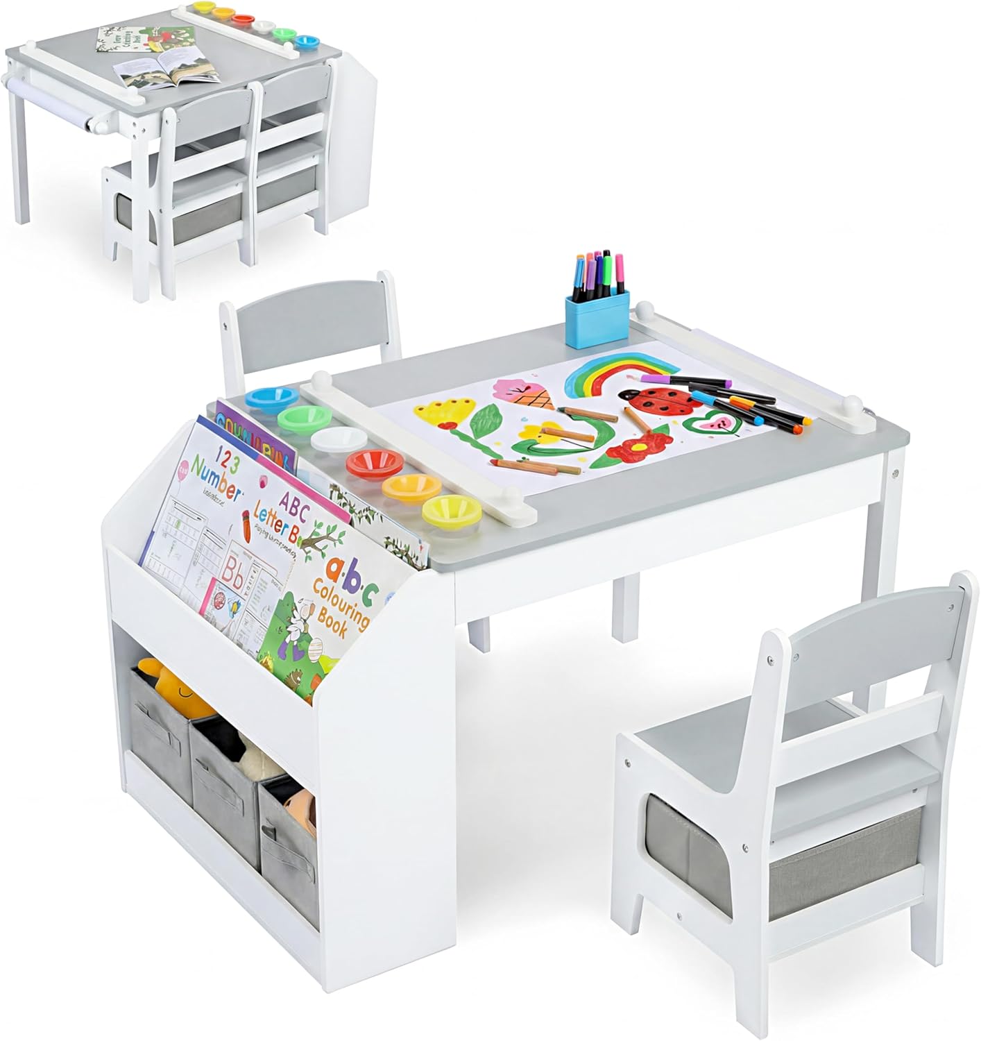 Kinder King Kids Art Table & 2 Chair Set, Wood Toddler Activity Table w/Paper Roll, Bookshelves & Storage Drawers for Kid Drawing, Studying, Playing, Kids Table and Chairs for Playroom, Nursery, Grey