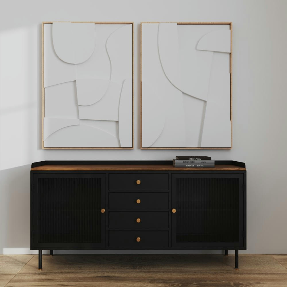 GAUTHIER - Buffet 4 tiroirs 2 portes en métal gris métallisé