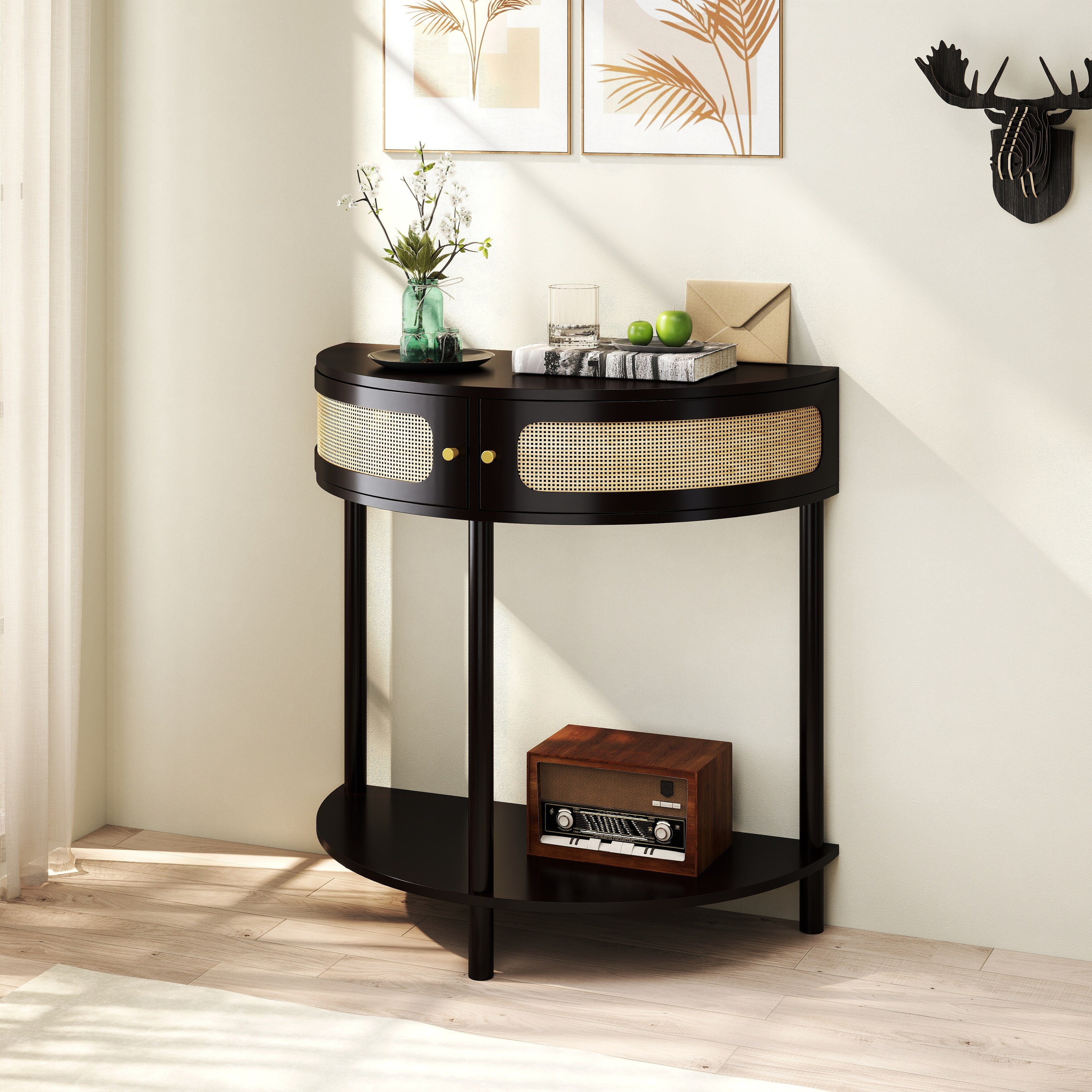 Half Moon Design Entryway Console Table with Rattan Door, Small Half Round Side Table End Table Accent Table for Living Room