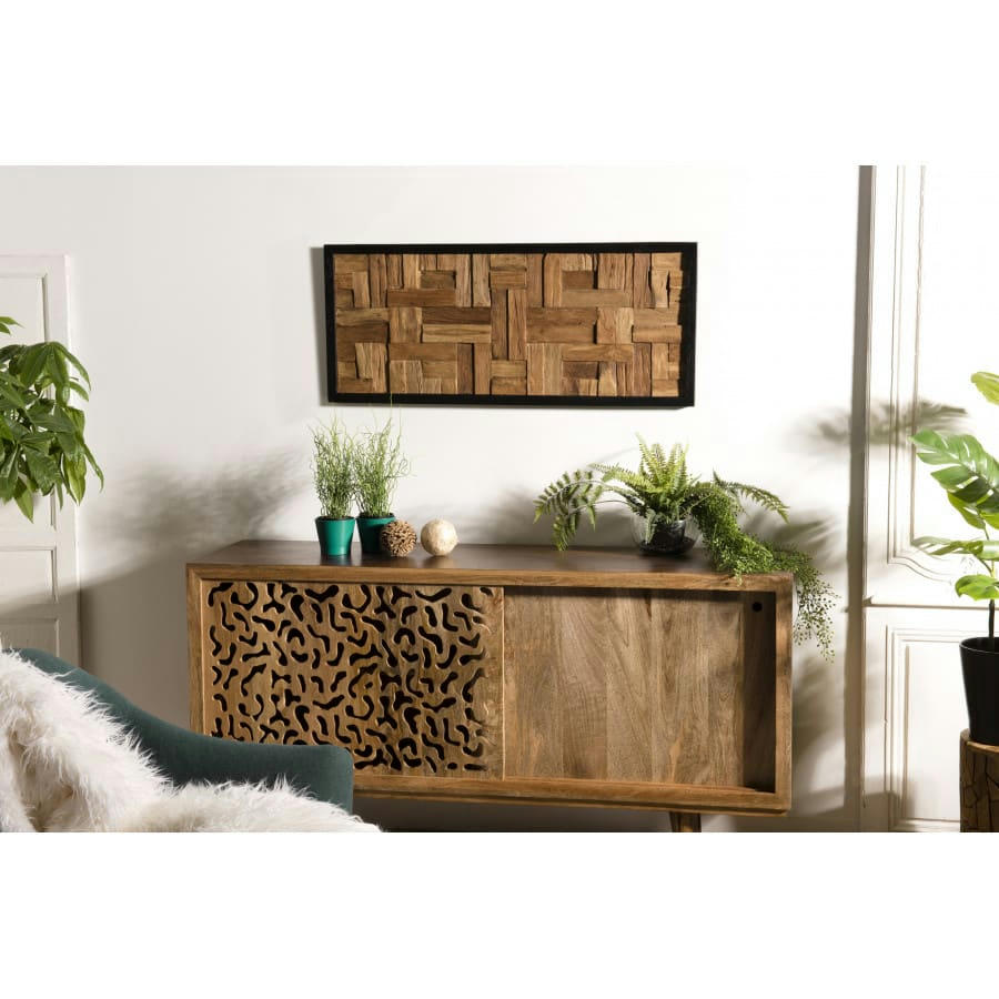 SUZY - Décoration murale rectangulaire mozaïc bois teck recyclé nature 46x106