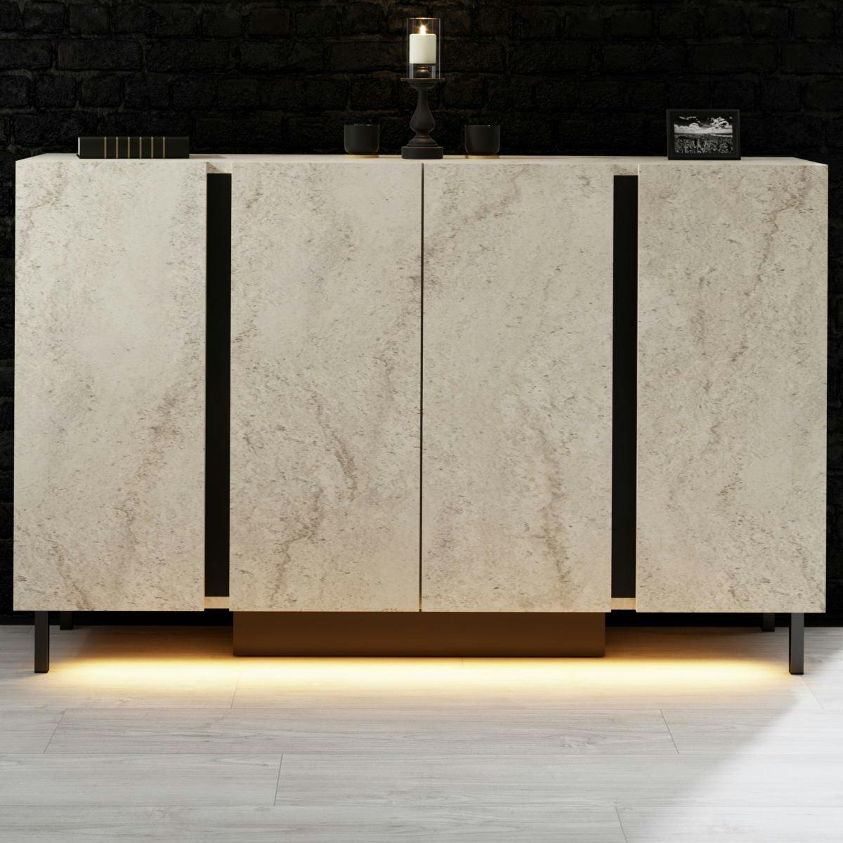 Buffet salle à manger 4 portes LED décor travertin AURA