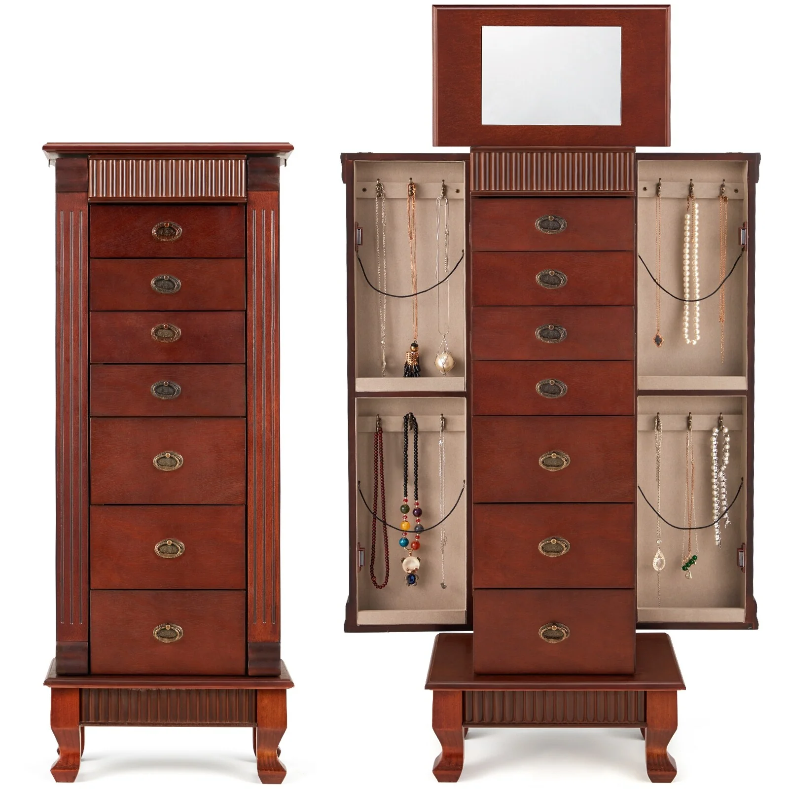 AVAWING Walnut Jewelry Cabinet Flip-Top Mirror