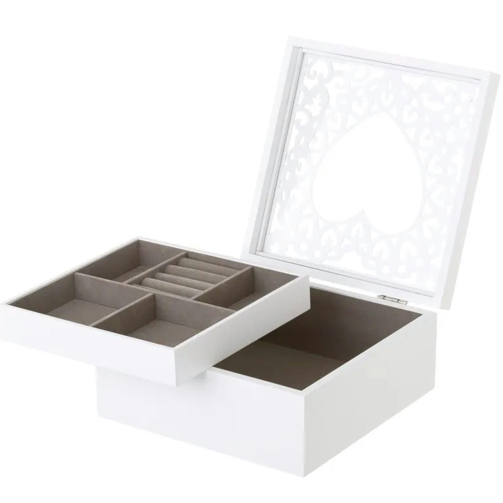 - Coffret à bijoux en bois blanc taillé et verre coeur 23x23x10cm
