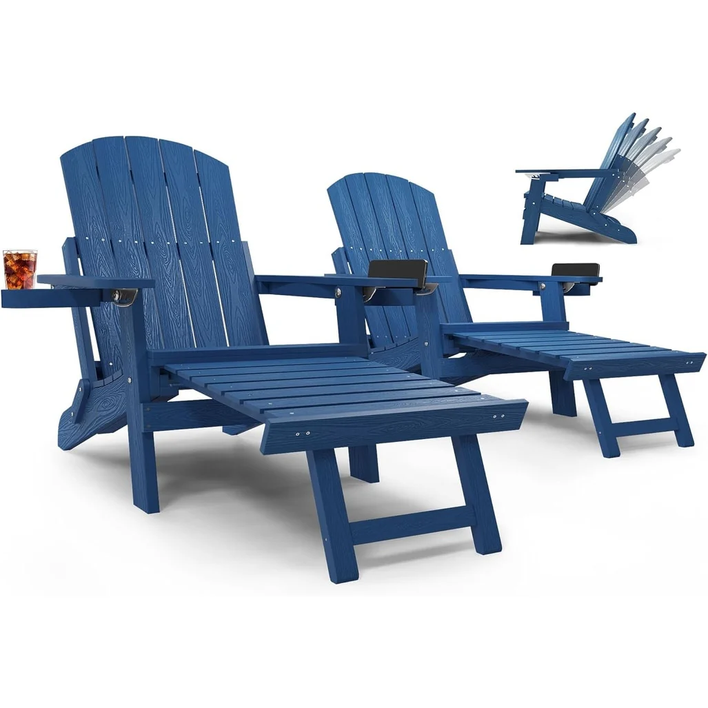 WINSOON Set of 2 All Weather HIPS Folding Adirondack Chair with Adjustable Backrest and Retractable Ottoman