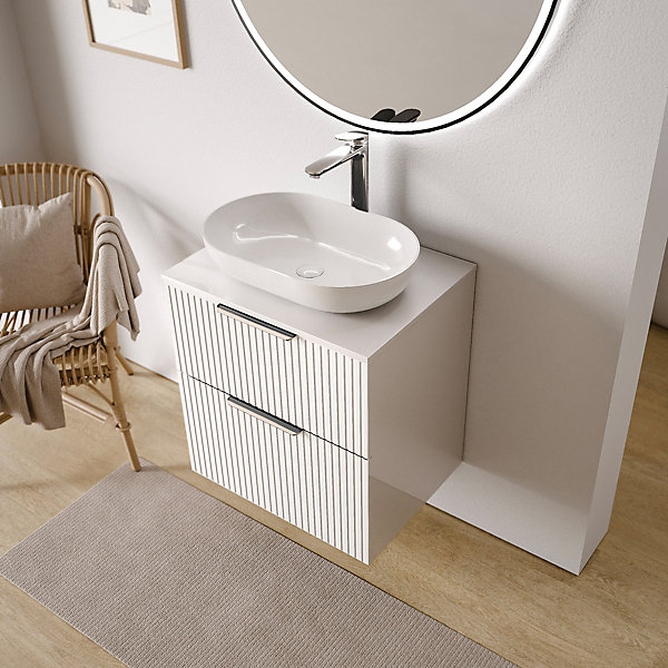 Meuble sous vasque suspendu MDF Blanc mat strié 60x46x62cm, Plan lavabo Anthracite mat   poignée Chrome - TIM60