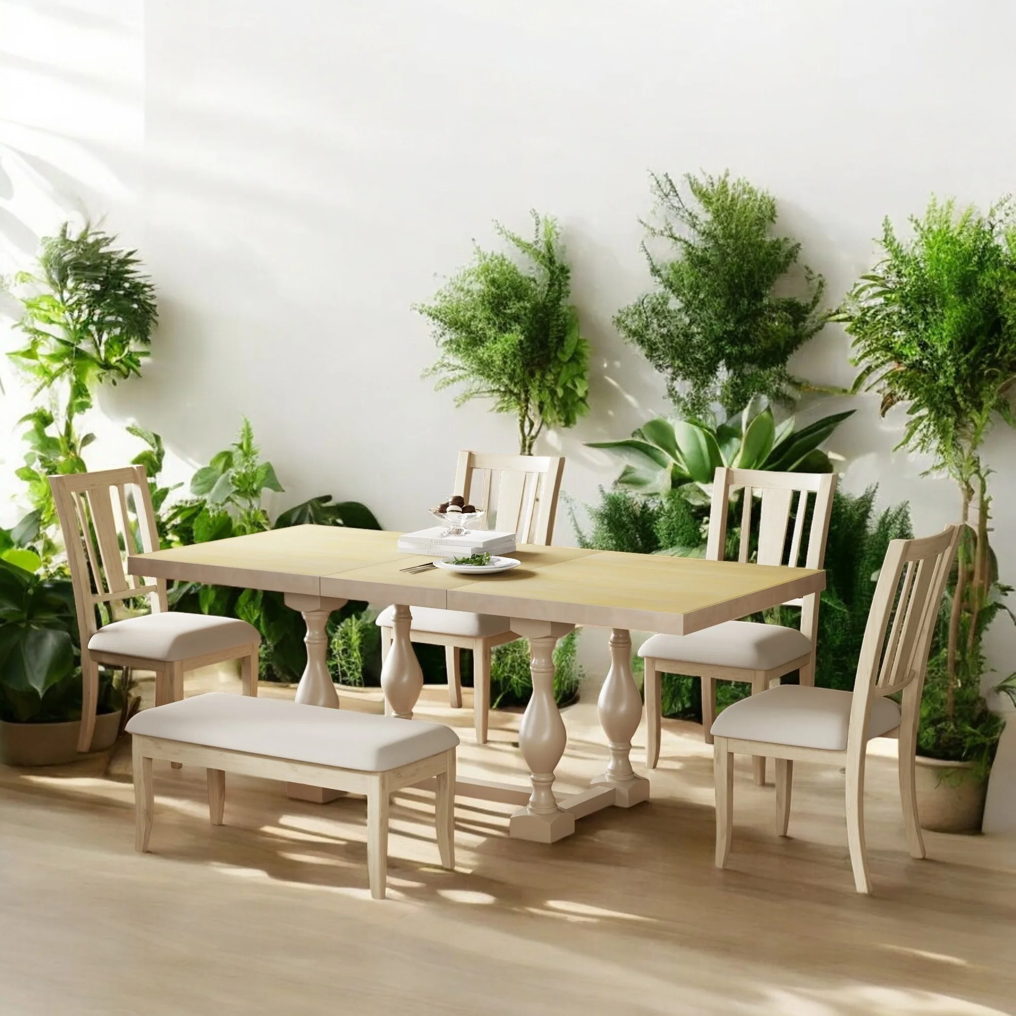 6-Piece 78 Extendable Trestle Dining Table Set with 18 Leaf, Upholstered Slat Back Chairs and Bench for Dining Room