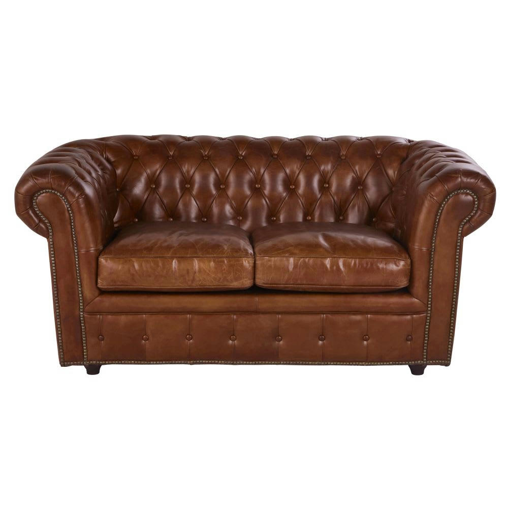 Chesterfield - Canapé capitonné 2 places en cuir marron
