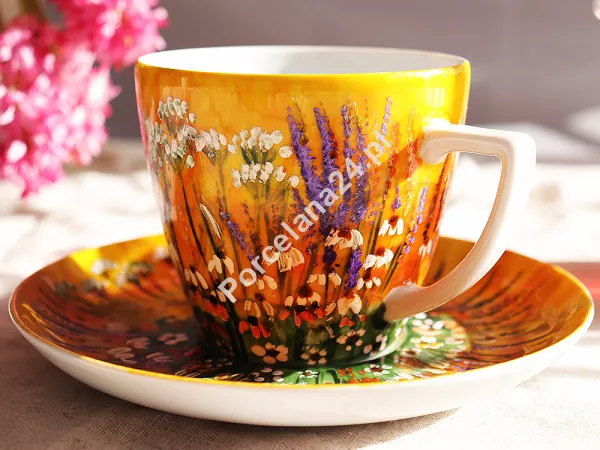 Filiżanka ze spodkiem 0,35 L / 17 cm ręcznie malowana - Łąka żółta (13) DA.FS35-13