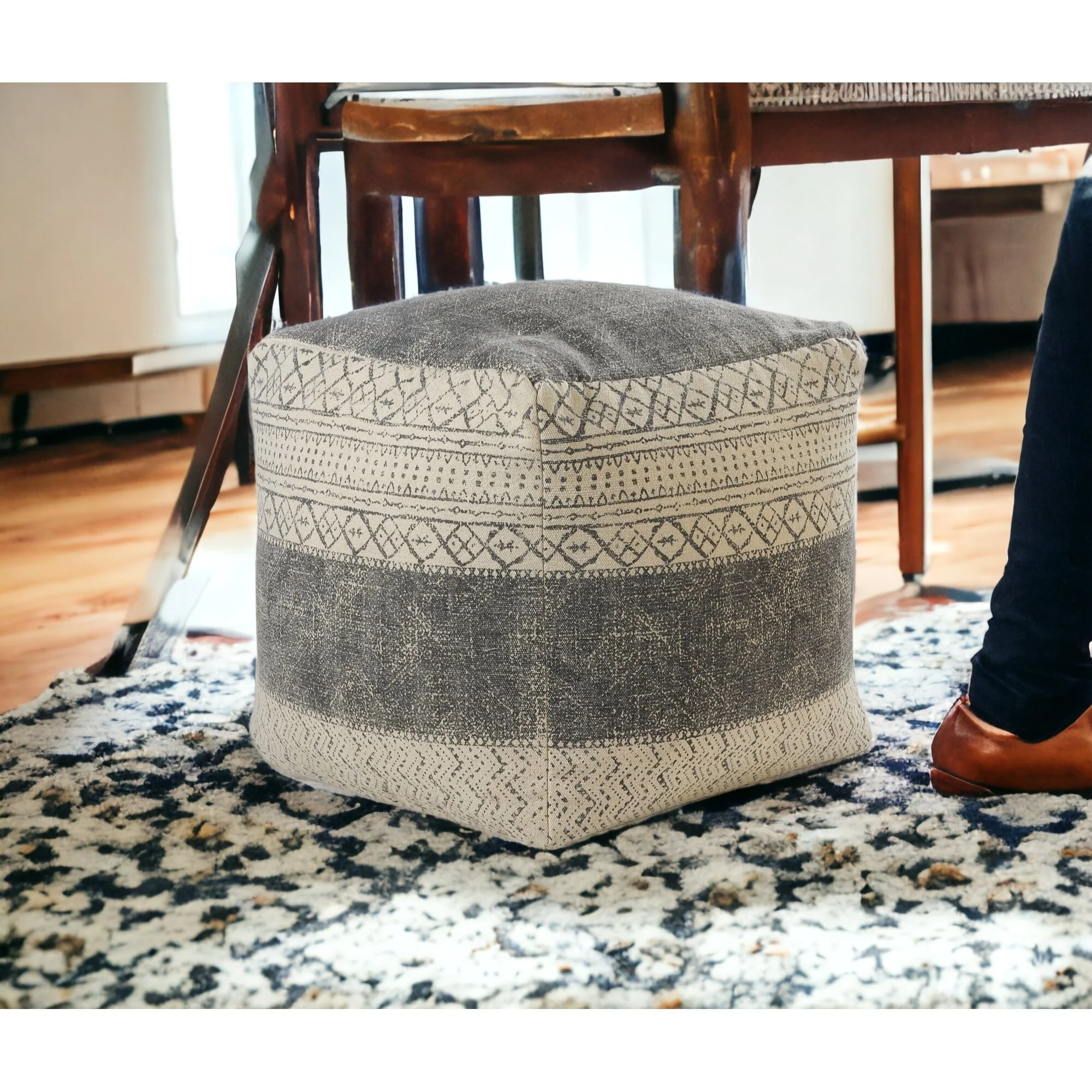 20” Upholstered Pouf Ottoman Square Cotton Footstool Ivory Grey Geometric Design Removable Zippered Cover