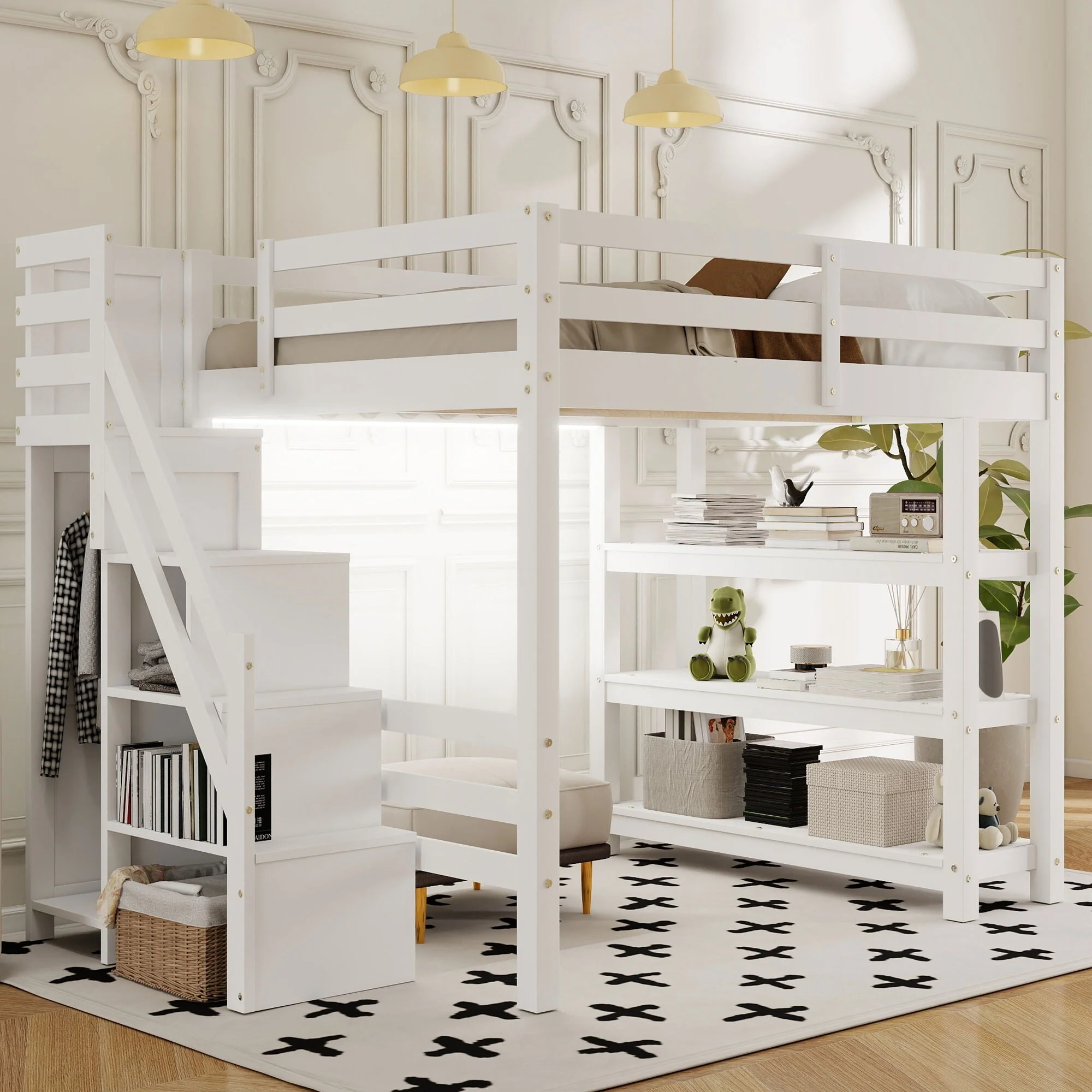 Full Size Loft Bed with Shelves, Storage Staircase, Small Wardrobe and White LED Light, White