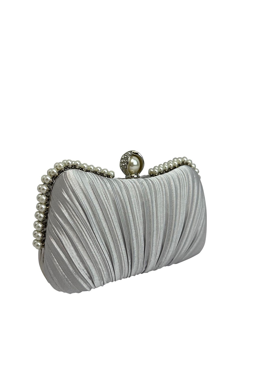 Vellin Pearl Handle Pleated Satin Clutch Bag