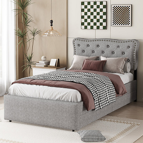 Lit avec rangement 90x200 cm simple capitonné avec 2 tiroirs et tête de lit ondulée cloutée - revêtement en lin gris