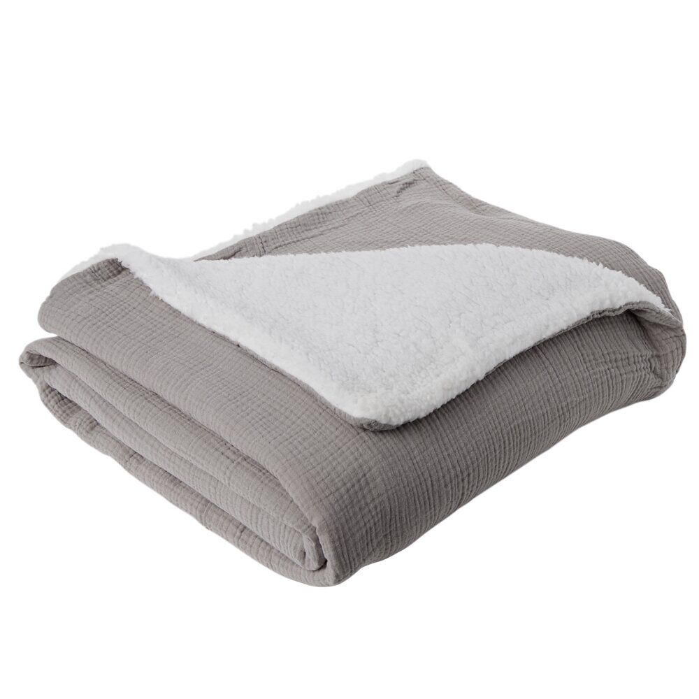 Plaid gaze de coton et sherpa 130x160cm gris