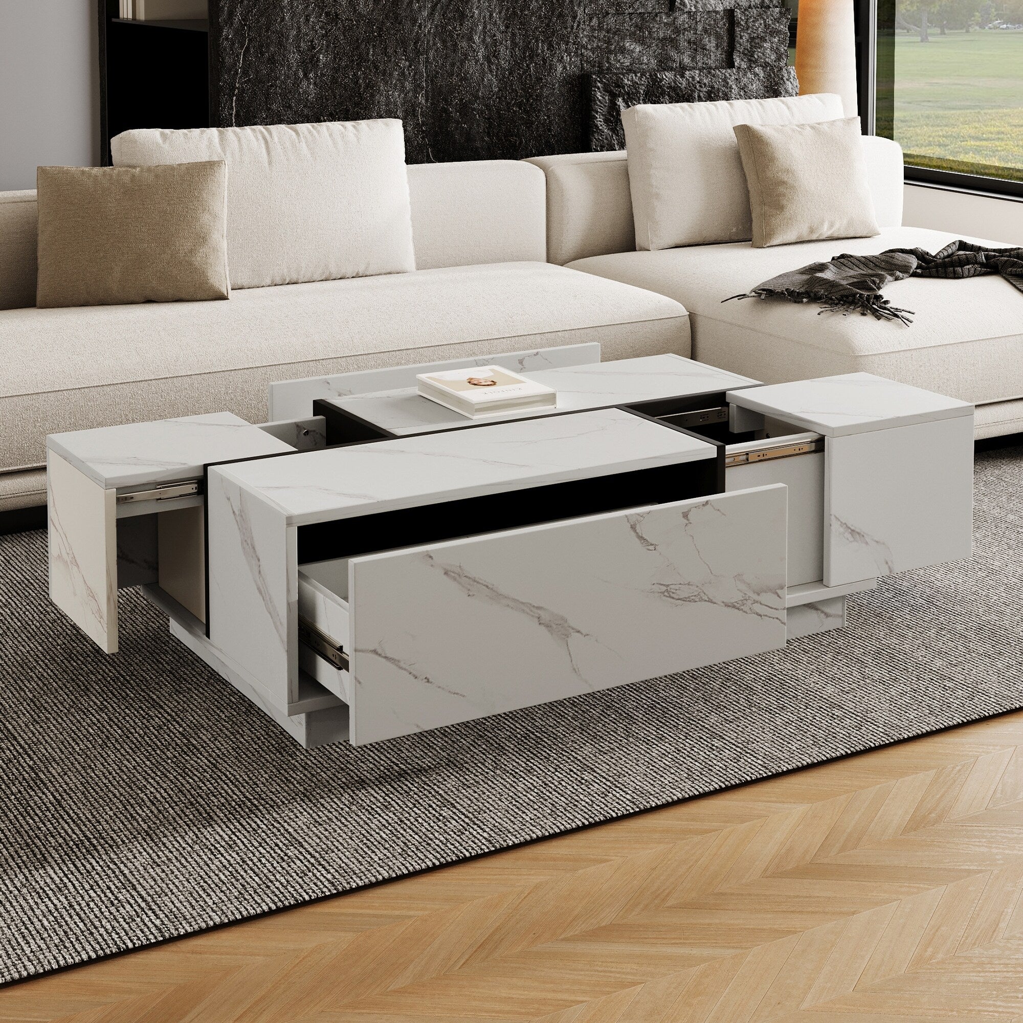 Rectangular Sliding Top Coffee Table With 2 Drawers And 2 Hidden Storage