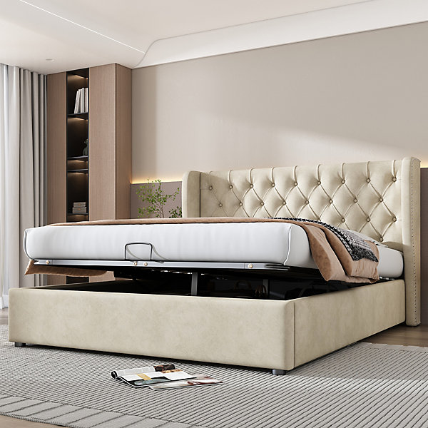 Lit coffre 160x200 cm - Lit double avec sommier à lattes et coffre hydraulique - Velours - Sans Matelas - Beige