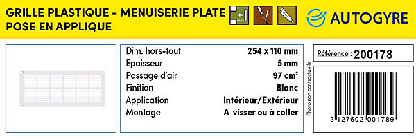 Grille d'aération PVC Autogyre extra-plate avec moustiquaire blanche 251 x 108 mm