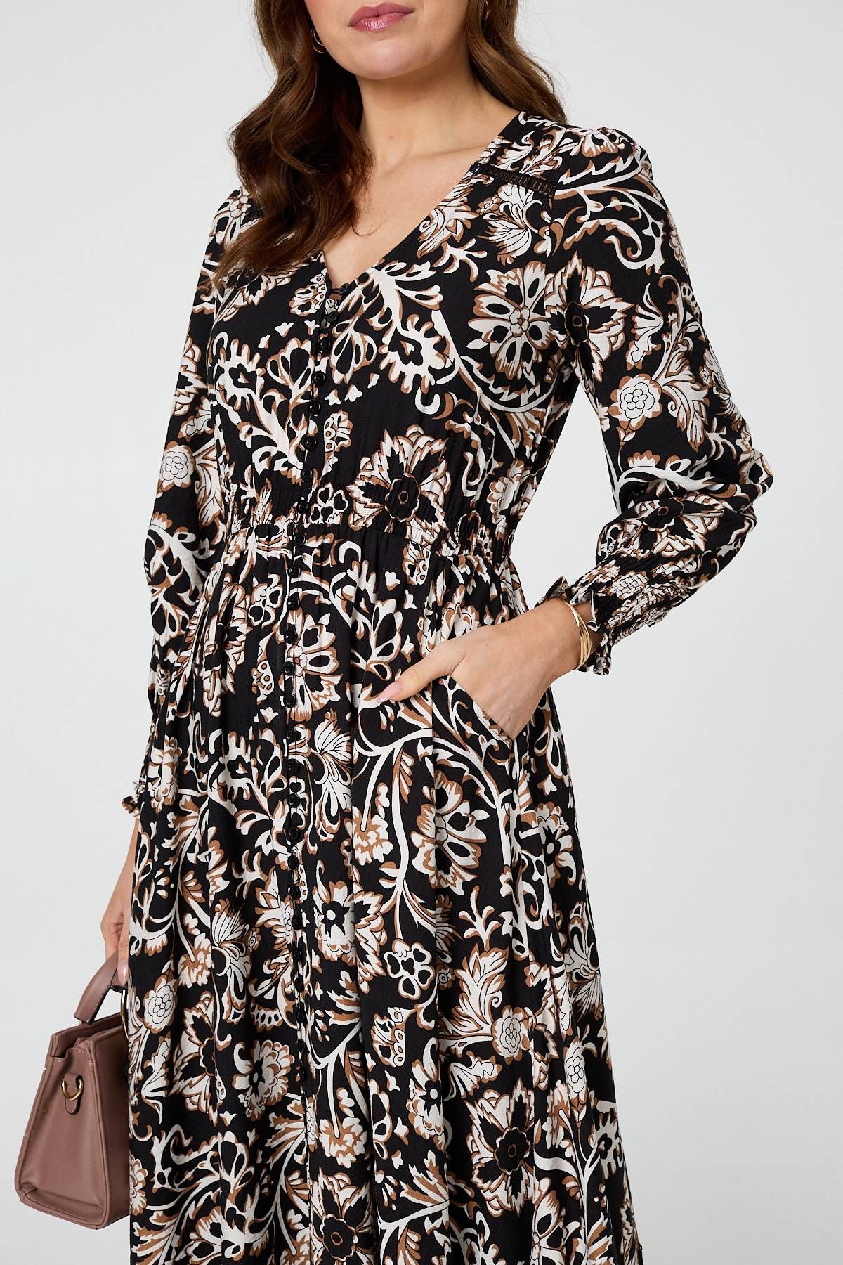 Izabel London Floral Lace Trim Long Sleeve Maxi Dress