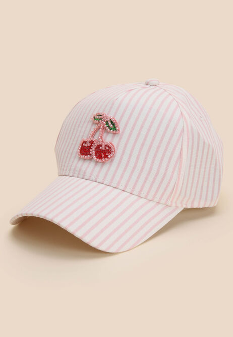 Younger Girls Pink Stripe Cherry Baseball Cap