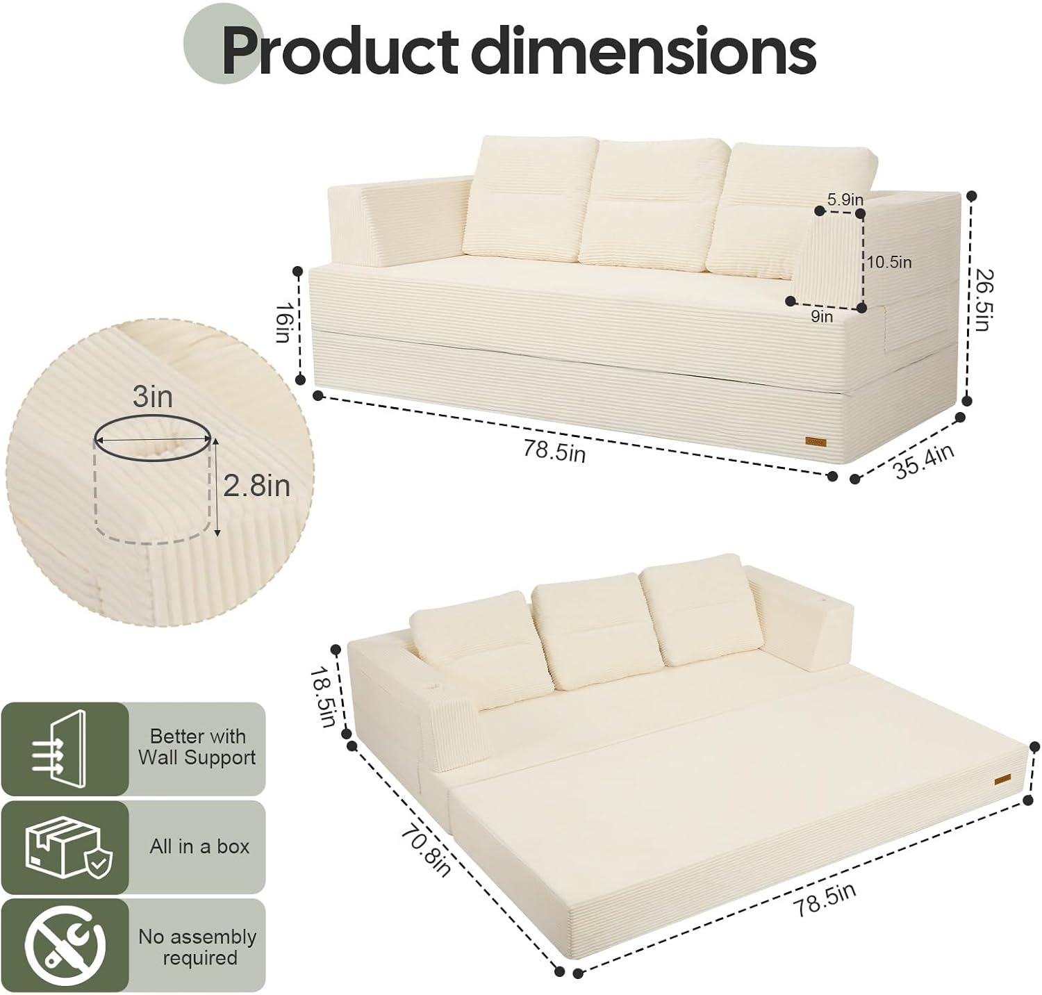 COMAX Futon Sofa Bed Queen, 79 Convertible Sofa Bed Couches for Living Room, 4 in 1 Folding Boneless Sleeper Corduroy Couch Loveseat Foam In a Box, Comfy Foldable Lounge Fold Out Floor Mattress Beige