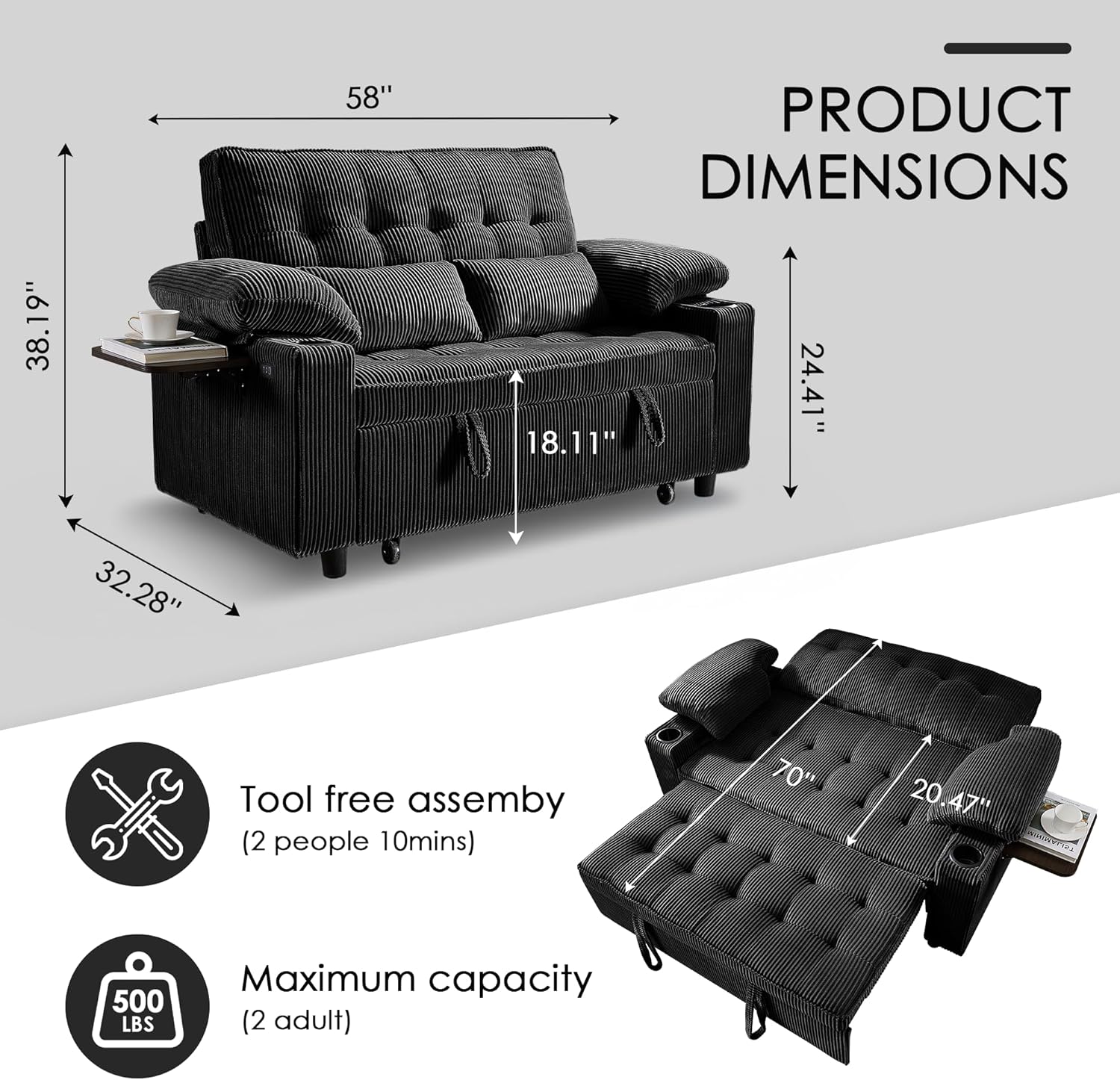 Wakefit 58in Sleeper Sofa Bed, Convertible Pull Out Couch Bed Full Size Corduroy Fabric Loveseat for Living Room, Apartment, Office(DeepBlack) | Spring Pocket Seat