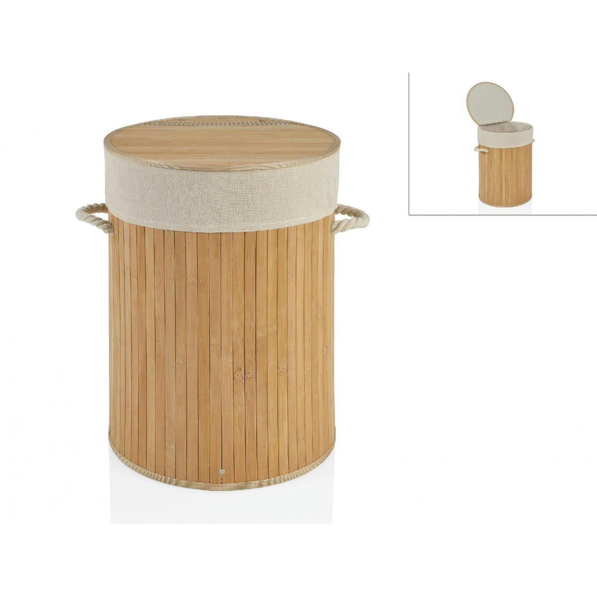 BAMBOU - Panier à linge rond bambou poignées corde intérieur amovible beige