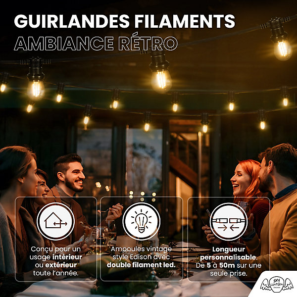 Guirlande Guinguette 100M Filament LED 200 Bulbes