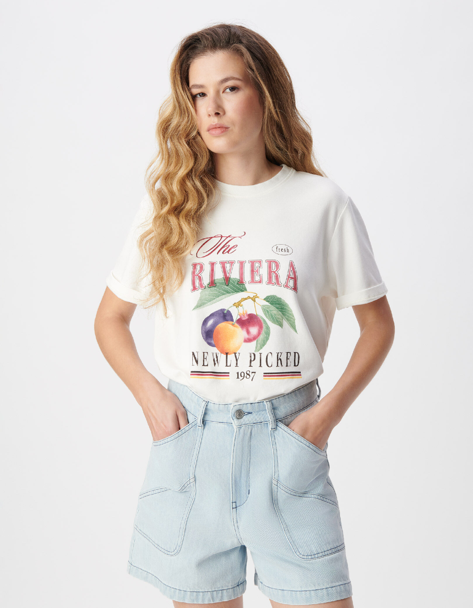 Tee-shirt manches courtes blanc visuel maxi fruits Femme