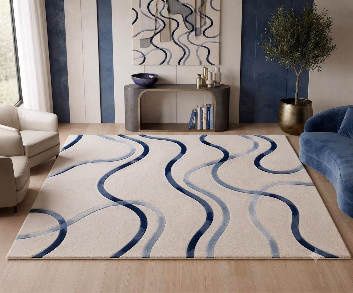 Hand Tufted Wool Rug, Navy Cream Wavy Abstract Area Carpet, Modern Minimalist Floor Decor