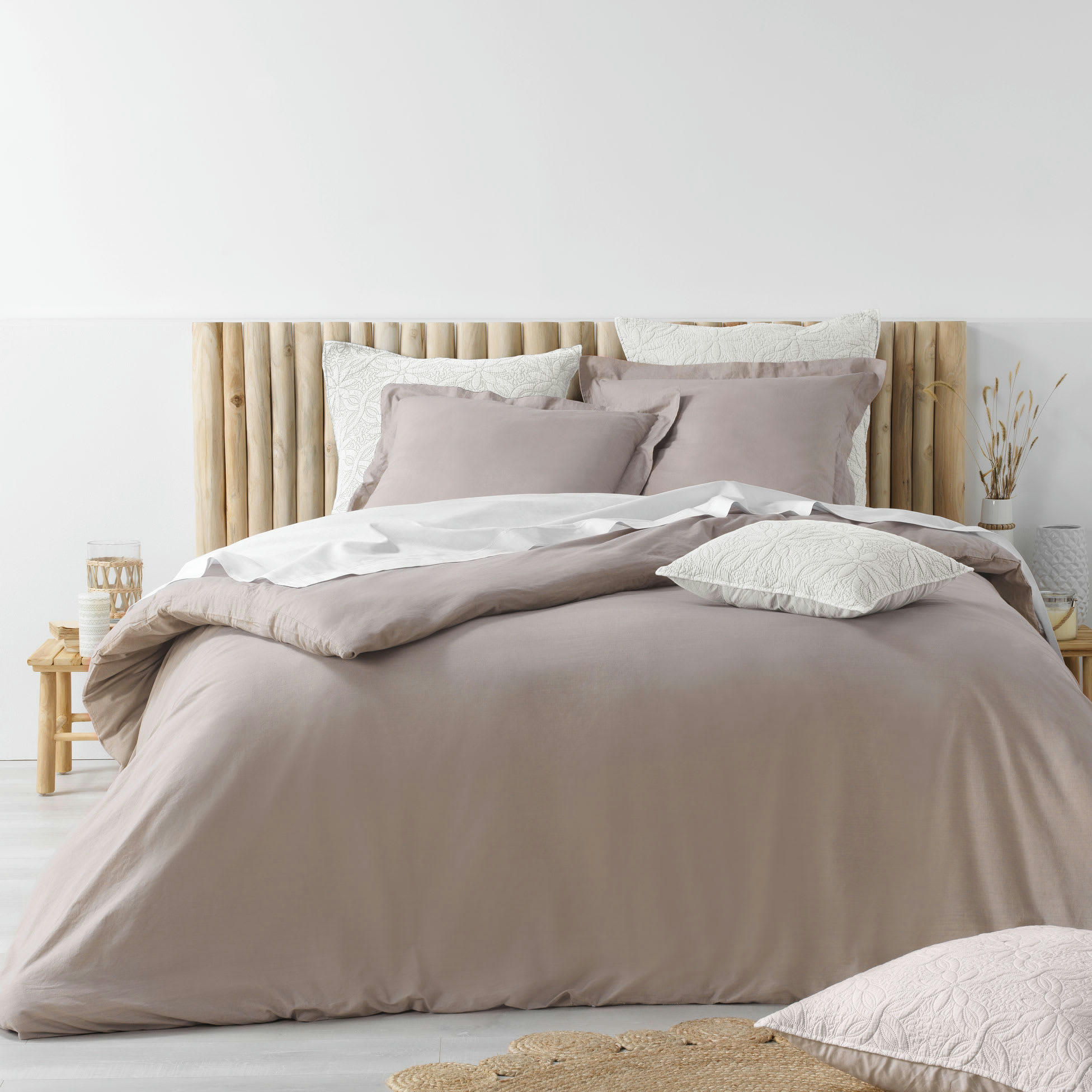 - Parure de lit en 100% coton lavé coton taupe 240x260