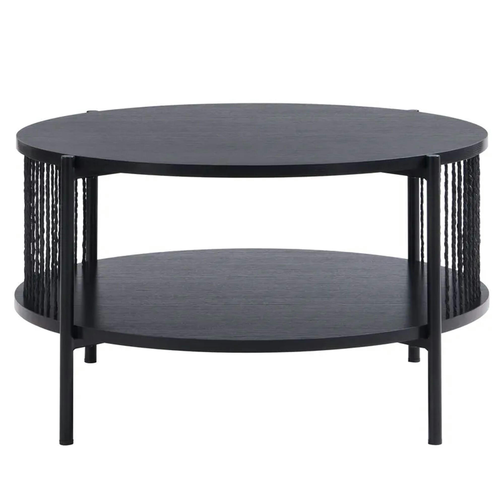 - Table basse noire en bois, métal et corde 74x74x41cm