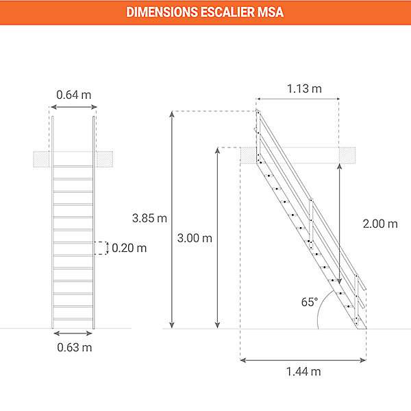 Escalier de meunier avec 2 mains-courantes -Hauteur à franchir 3.00m max - MSA-MCGD
