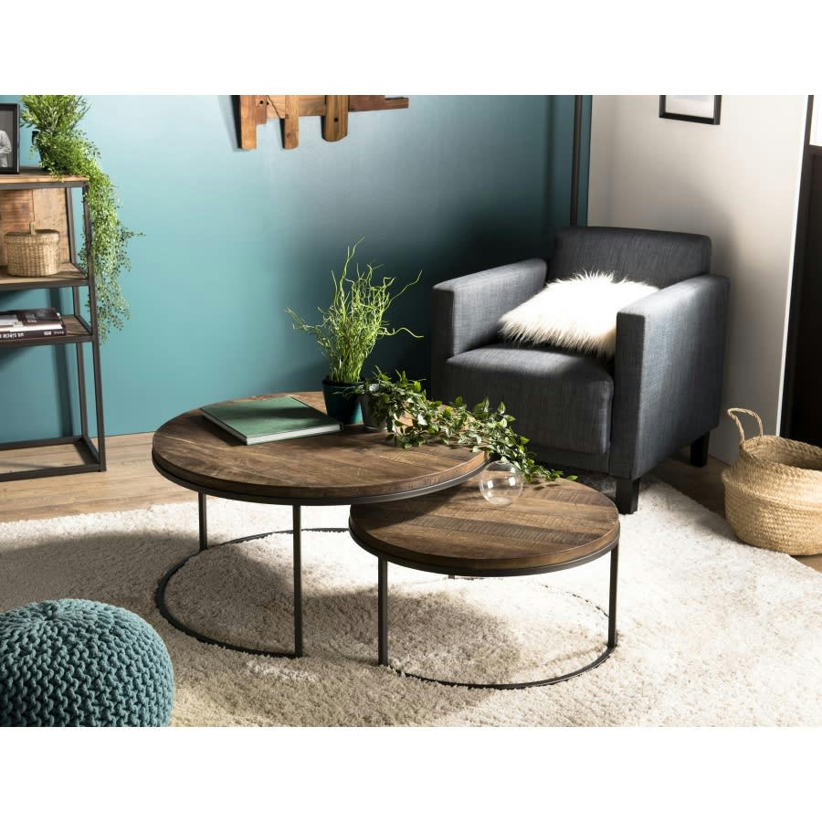 ALIDA - Tables basses gigogne en teck recyclé acacia mahogany métal noir D80