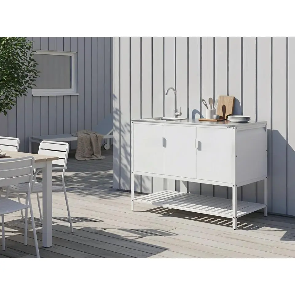 MAENZA - Buitenkeukenkast met spoelbak - Wit - Staal