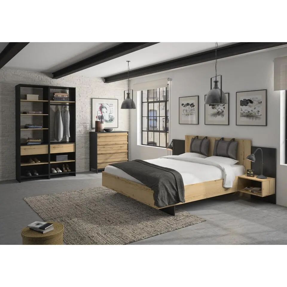 Bed Marzano 180x200cm met twee nachttafeltjes - helvezia eik