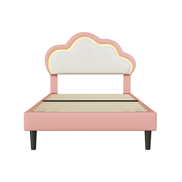 Lit 90x200 cm pour fille avec LED, tête de lit nuage ajustable, sommier à lattes, PU rose