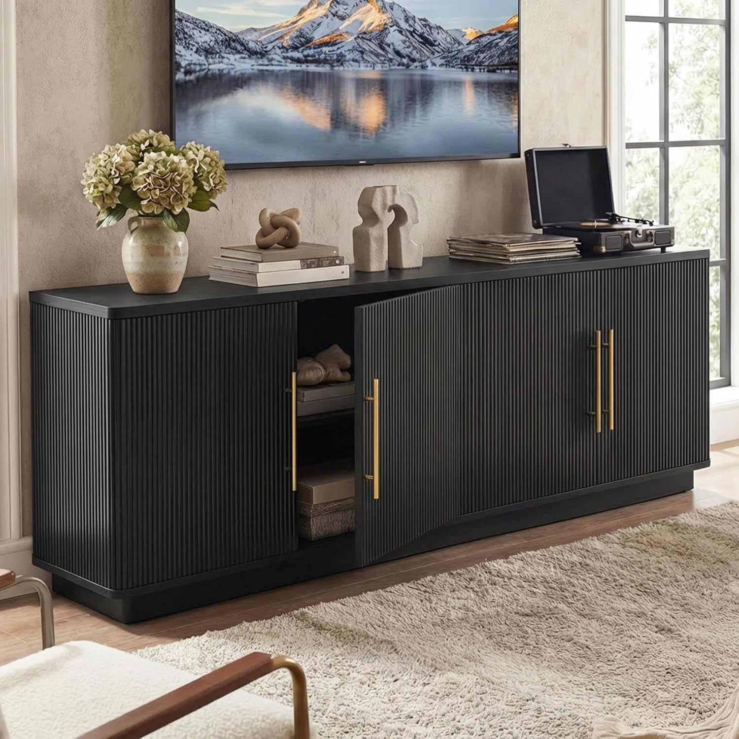 YITAHOME TV Stand for TVs up to 80 Inches, Media Console with 4 Fluted Doors, 70 Entertainment Center with Ample Storage for Living Room(Black Oak)