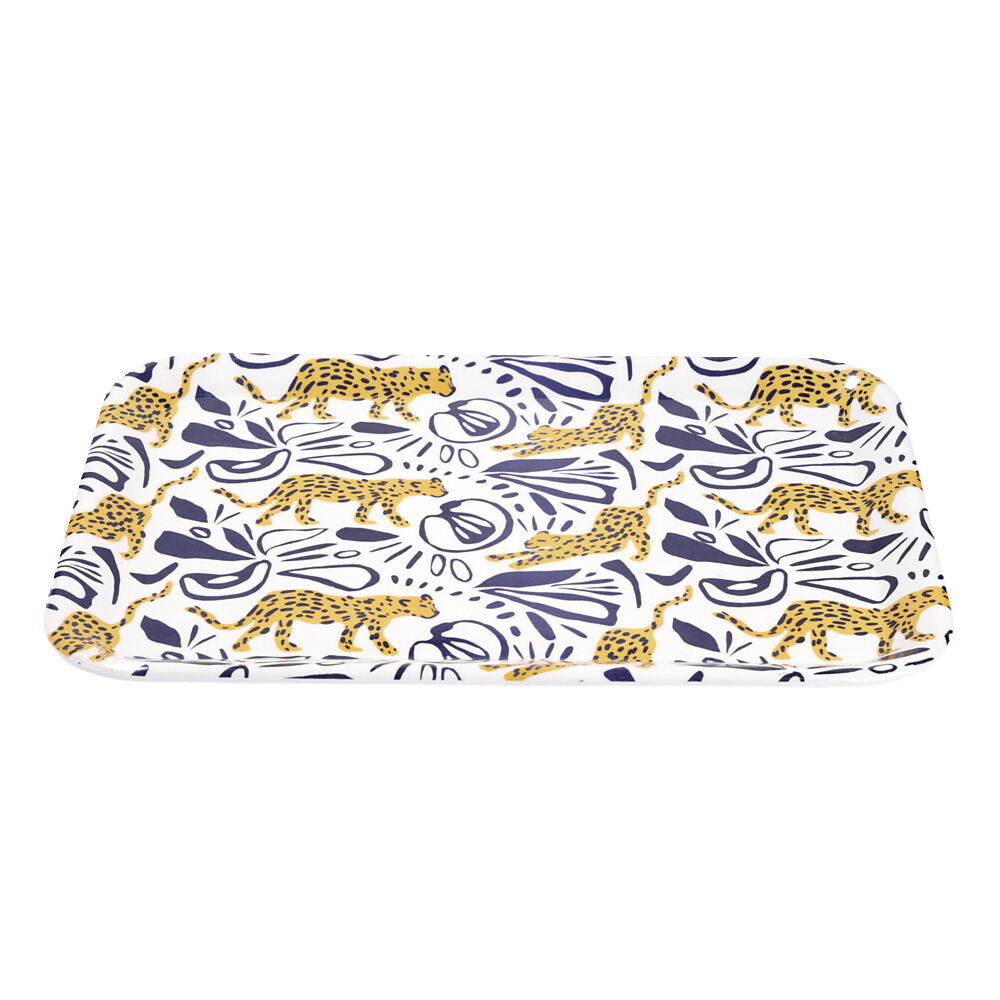 Plateau rectangulaire motif léopard blanc et bleu 27x38cm