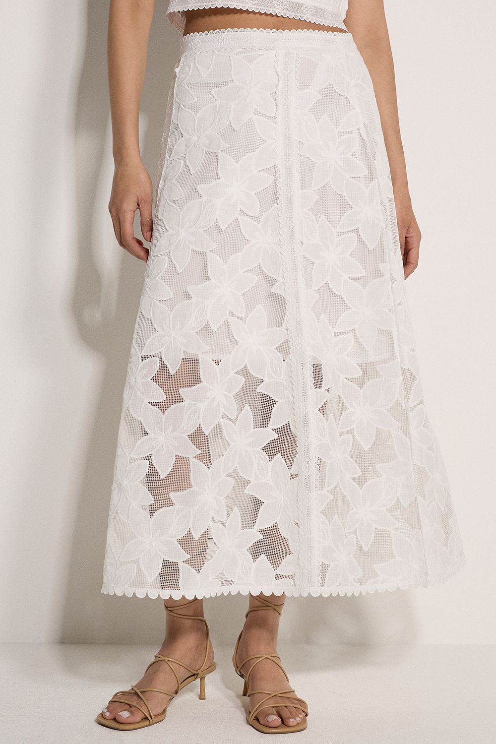 Apricot Floral Mesh Lace Midi Skirt