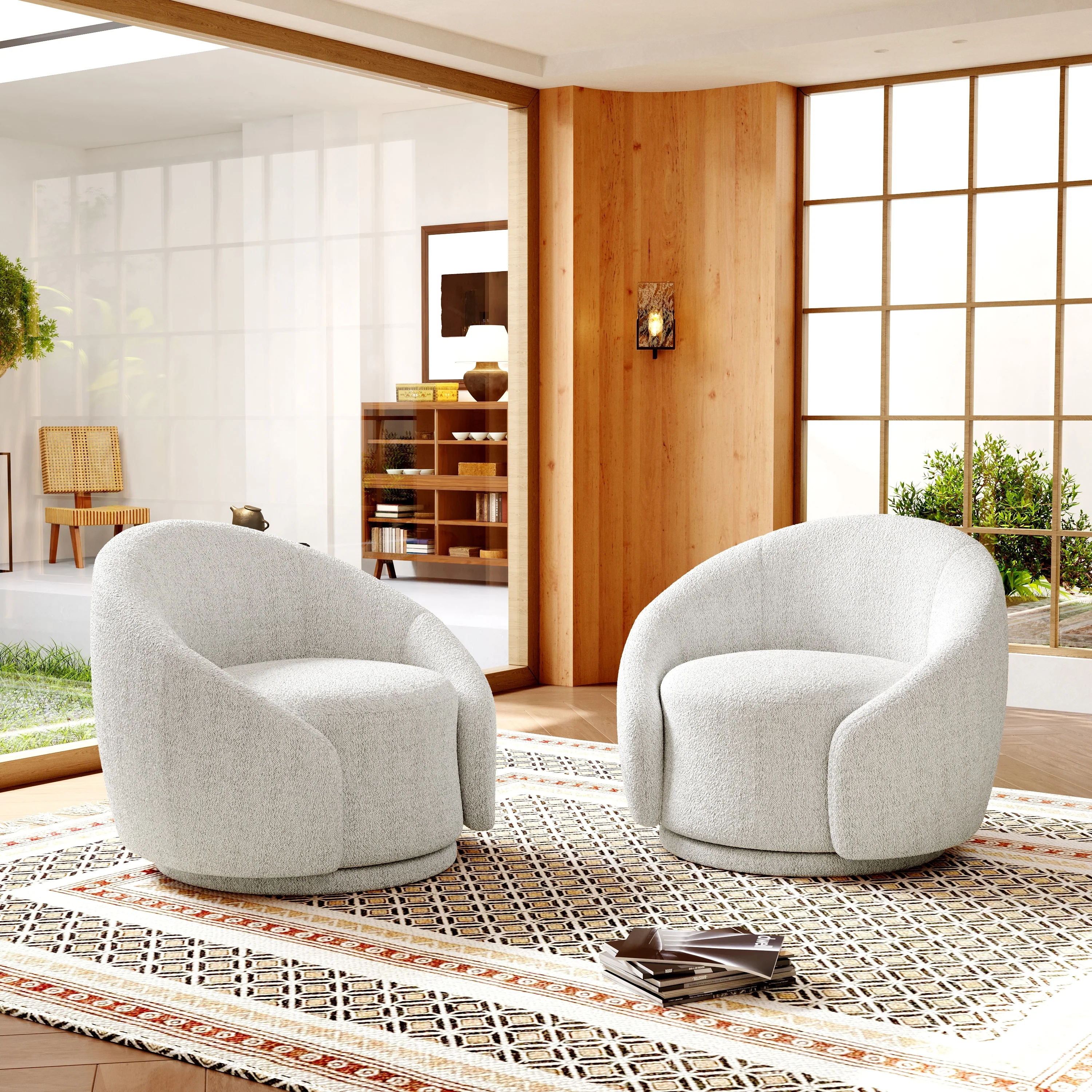 Boucle Barrel Chair Upholstered 360°Swivel Armchair Set of 2
