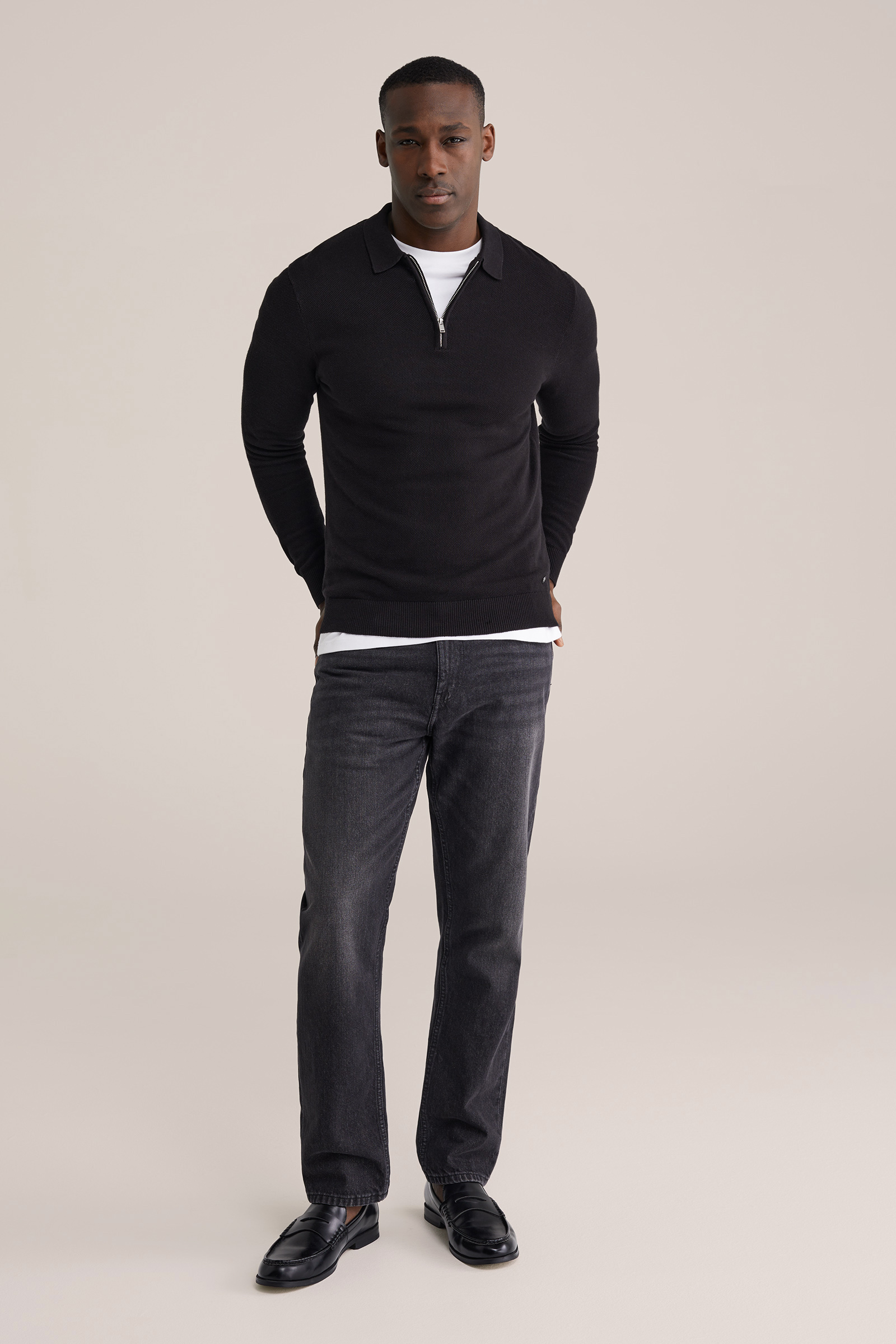 Heren regular fit trui van pique met quarter-zip