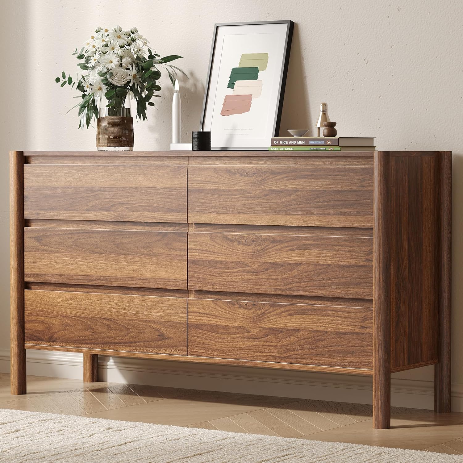 CHUWELL 6 Drawer Walnut Dresser for Bedroom, 47 Wide Mid Century Chest of Drawers with 6 Large Storage Space and 4 Solid Wood Cylindrical Legs, Large Dresser for Bedroom(Walnut)