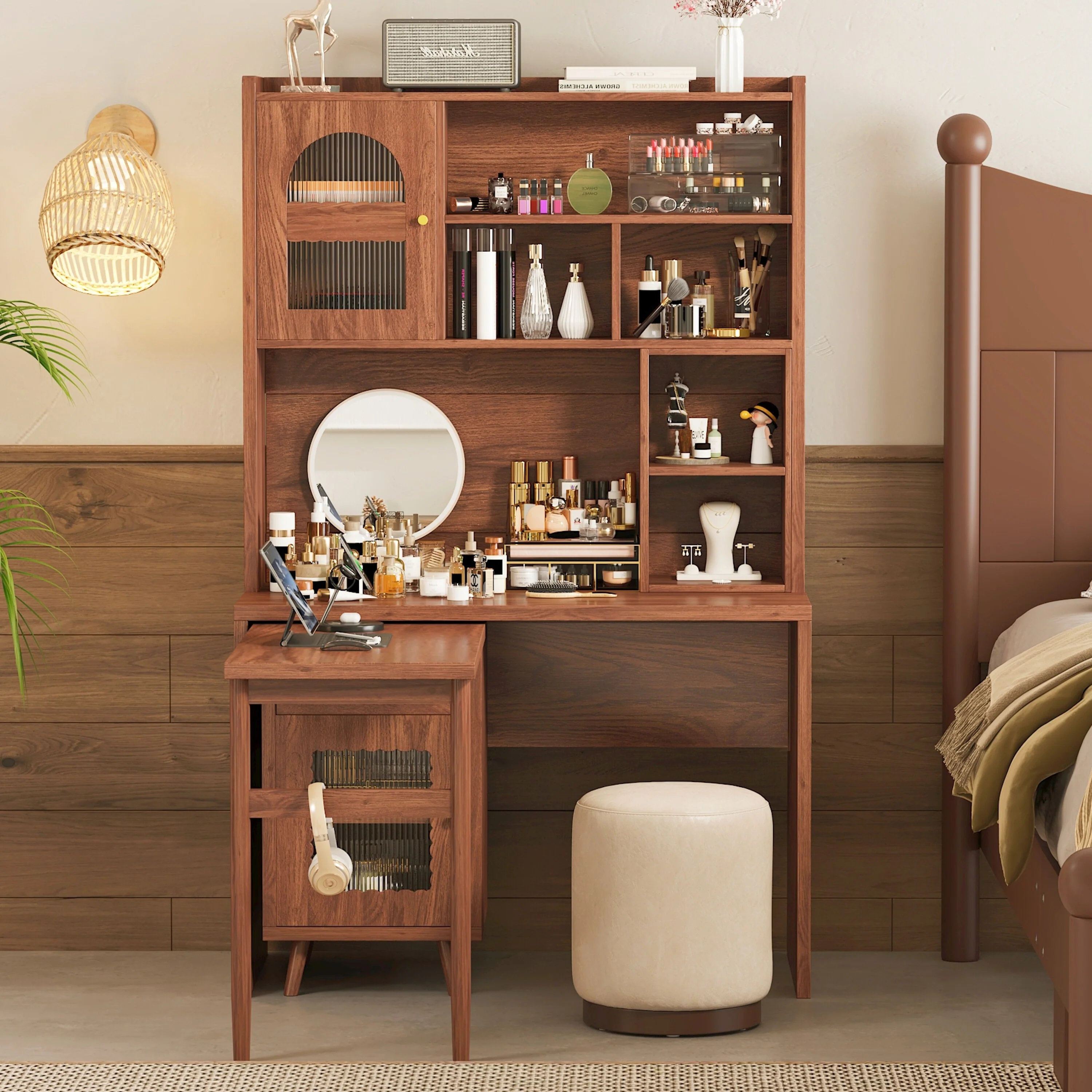 Computer Desk with Drawer and Cabinets, Office Desk with 90 Degree Rotating Desk, Wood Gaming Desk, Wring Desk