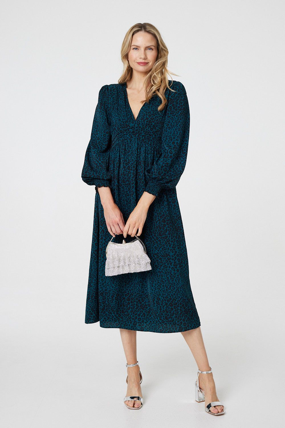 Izabel London Animal Print Long Puff Sleeve Midi Dress