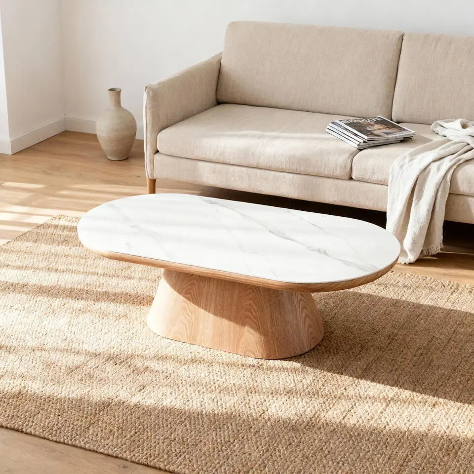 Salontafel Ovaal - Naturel Hout/Keramisch - 120x60x38cm - Alba