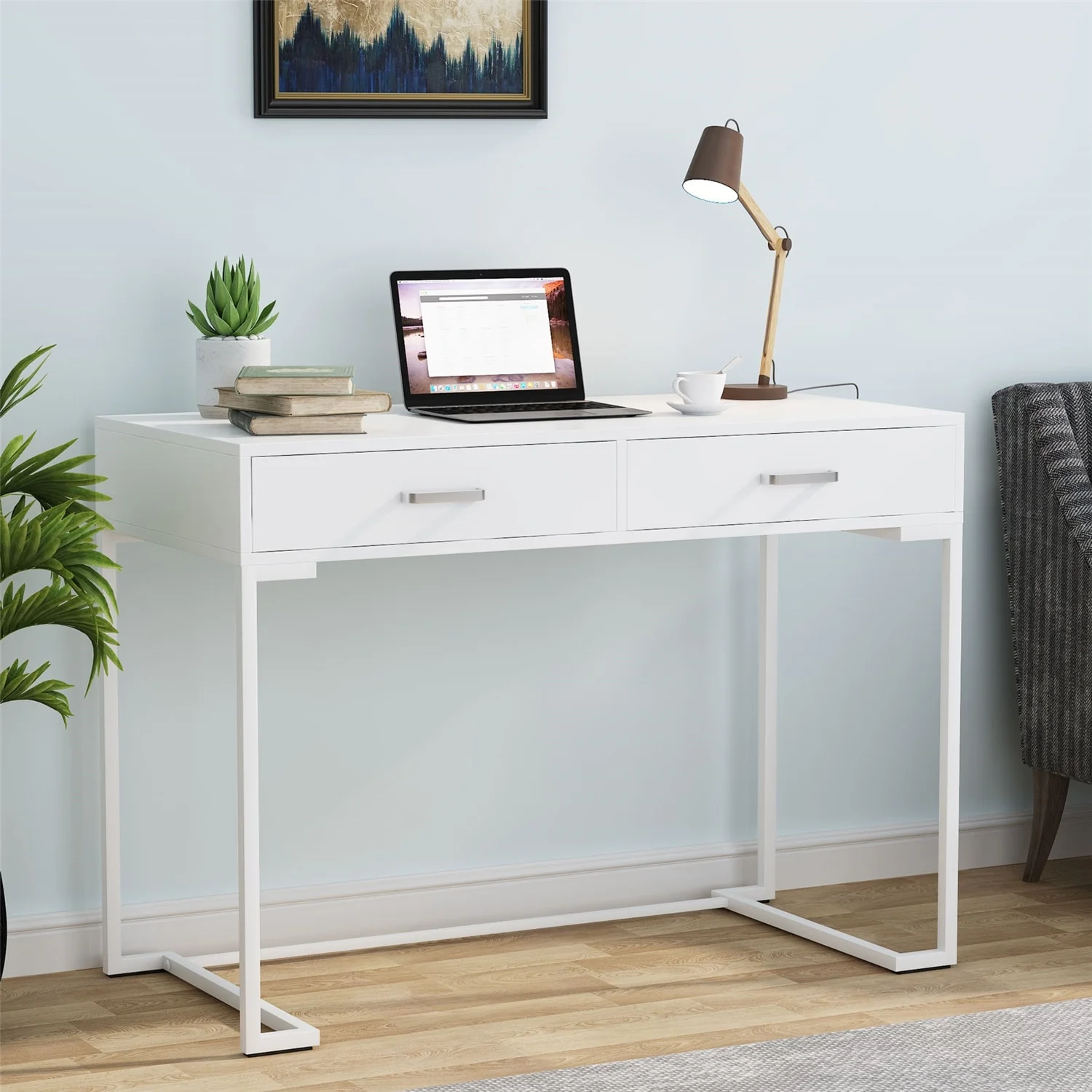Computer Desk with 2 Drawers, Modern Study Writing Table with Storage for Home Office